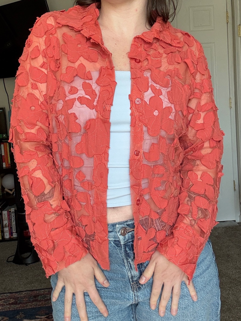 Coral Lace Button-Up Shirt with Graphic Back Patch